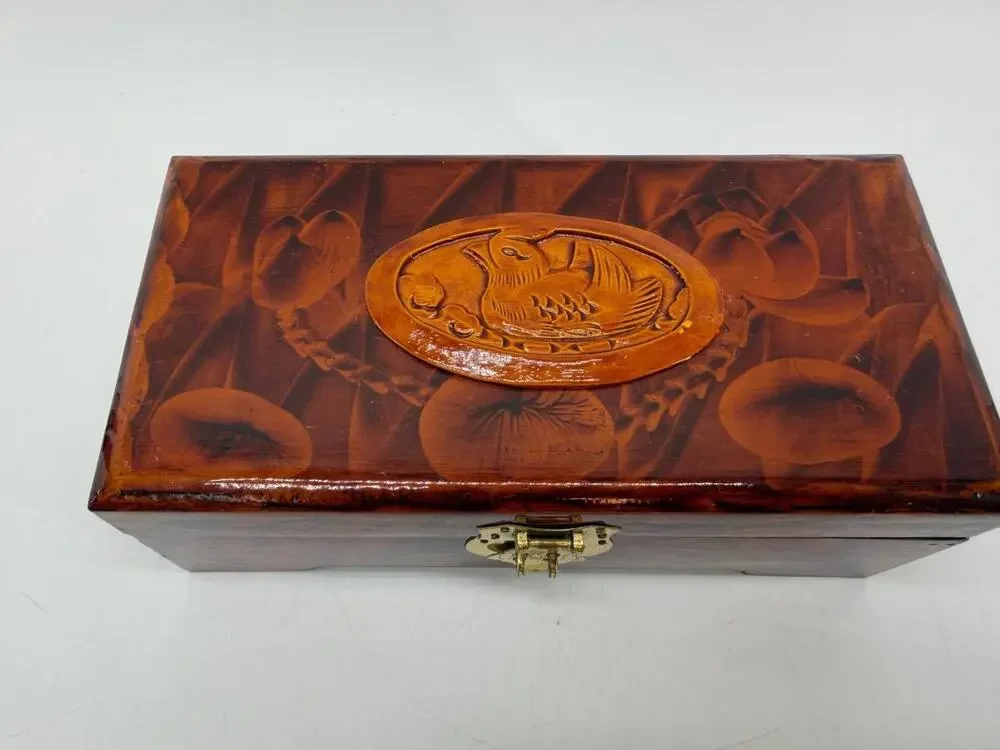 Chinese Carved Wood Jewelry Box Duck Lotus Red Silk Lined Brass Latch